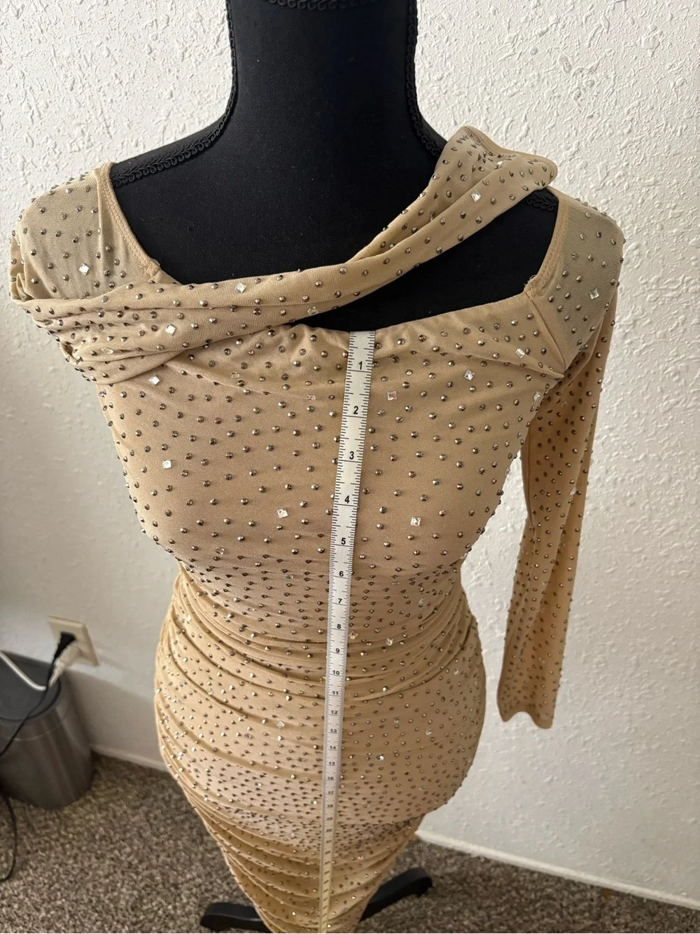 Windsor Nude-Beige Long Sleeve Ruched Bodycon Dress with Stud Details